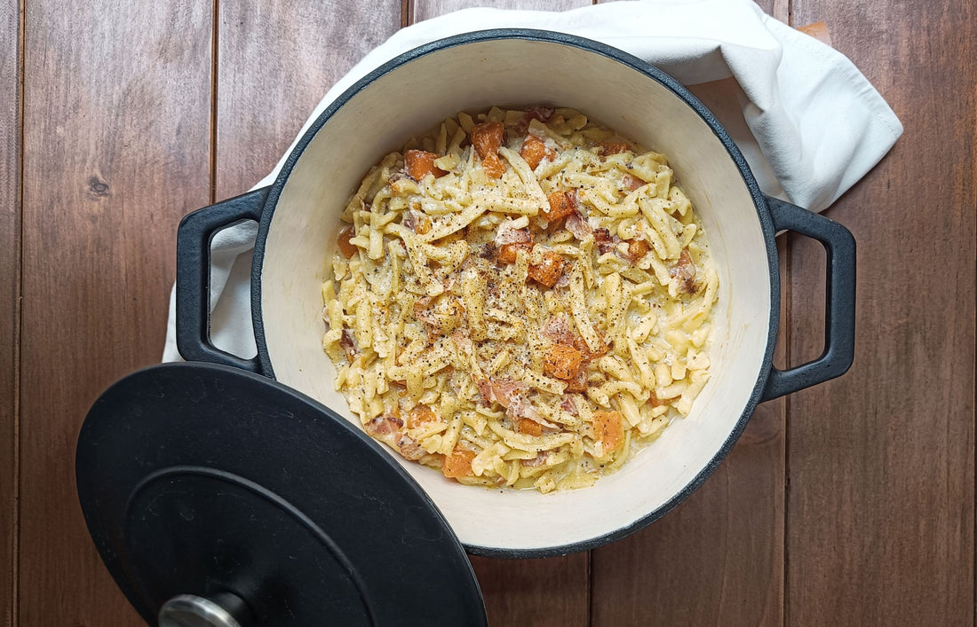 Spätzel a la carbonara de calabaza